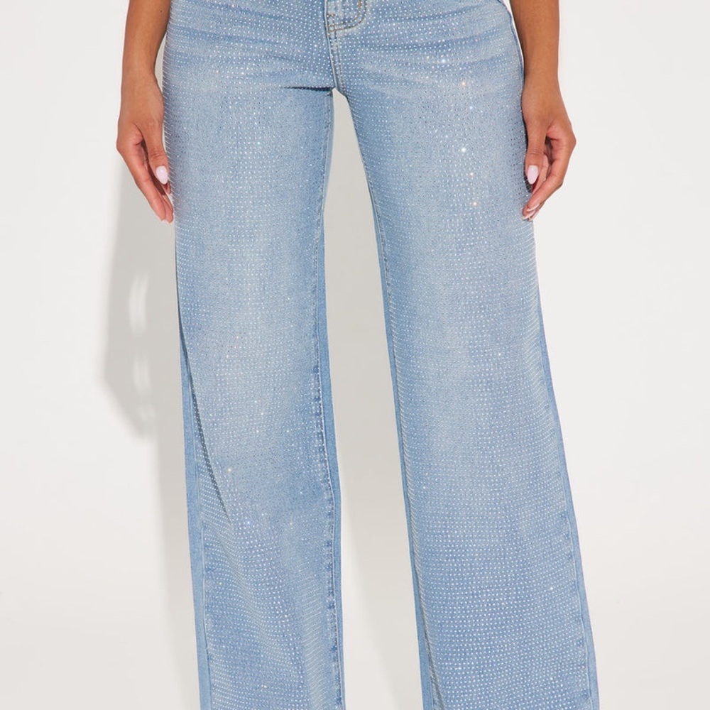 Embellished Fashion Nova Blue Flare Wide Leg Jeans